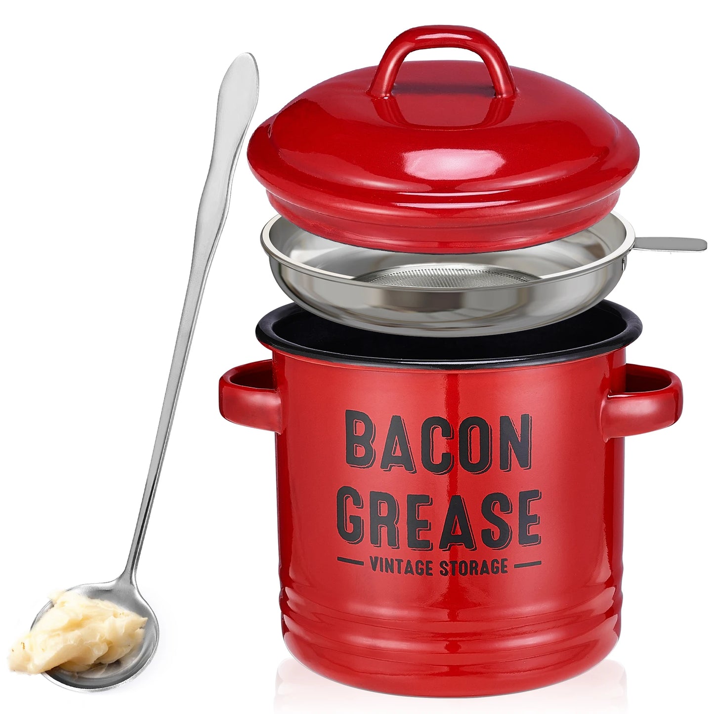 Bacon Grease Container with Strainer - Large 46OZ Red Kitchen Oil Storage Can, Food Saver Bin with Lid | Farmhouse Cooking Pot