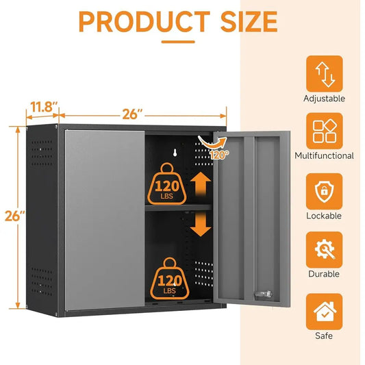 Metal Garage Wall Cabinet with 2 Doand 1 Adjustable Shel,Lockable loating Tool Cabinet with Pegboard,Steel Storage Cabinet or Ki