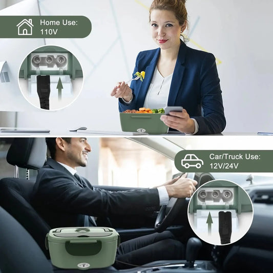 80W Electric Heated Lunch Box Portable Food Warmer Leakproof 2 Compartments Stainless Steel Liner for Work Office Car Truck Home