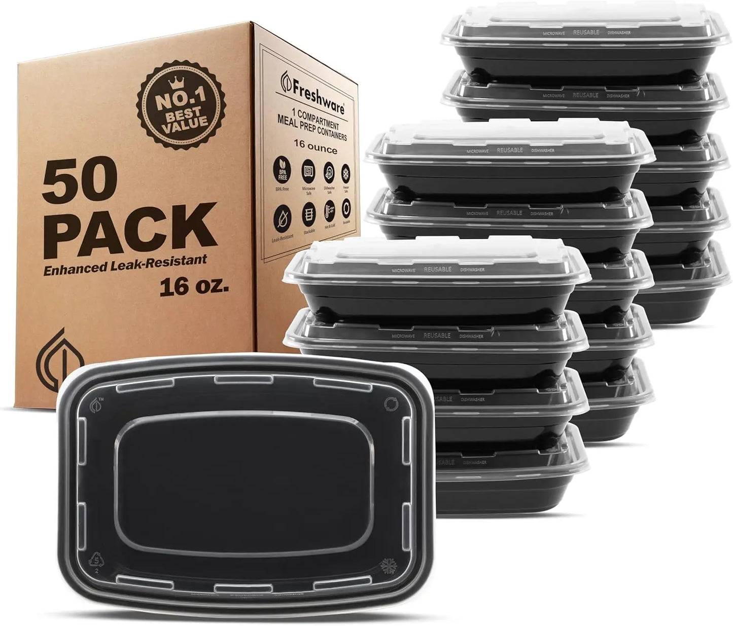 50 Pack BPA-Free Meal Prep Containers with Lids, Stackable, Microwave/Dishwasher/Freezer Safe (16 oz)