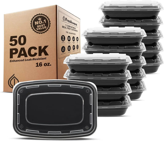 50 Pack BPA-Free Meal Prep Containers with Lids, Stackable, Microwave/Dishwasher/Freezer Safe (16 oz)
