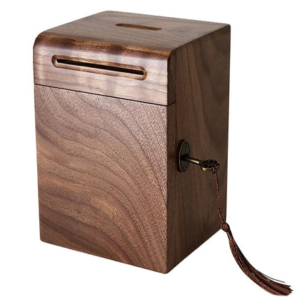 Wooden Piggy Bank with Key Fringe Lock Creative Bulk Coin Can Multi-Purpose Household Money Saving Box for Adults & Kids