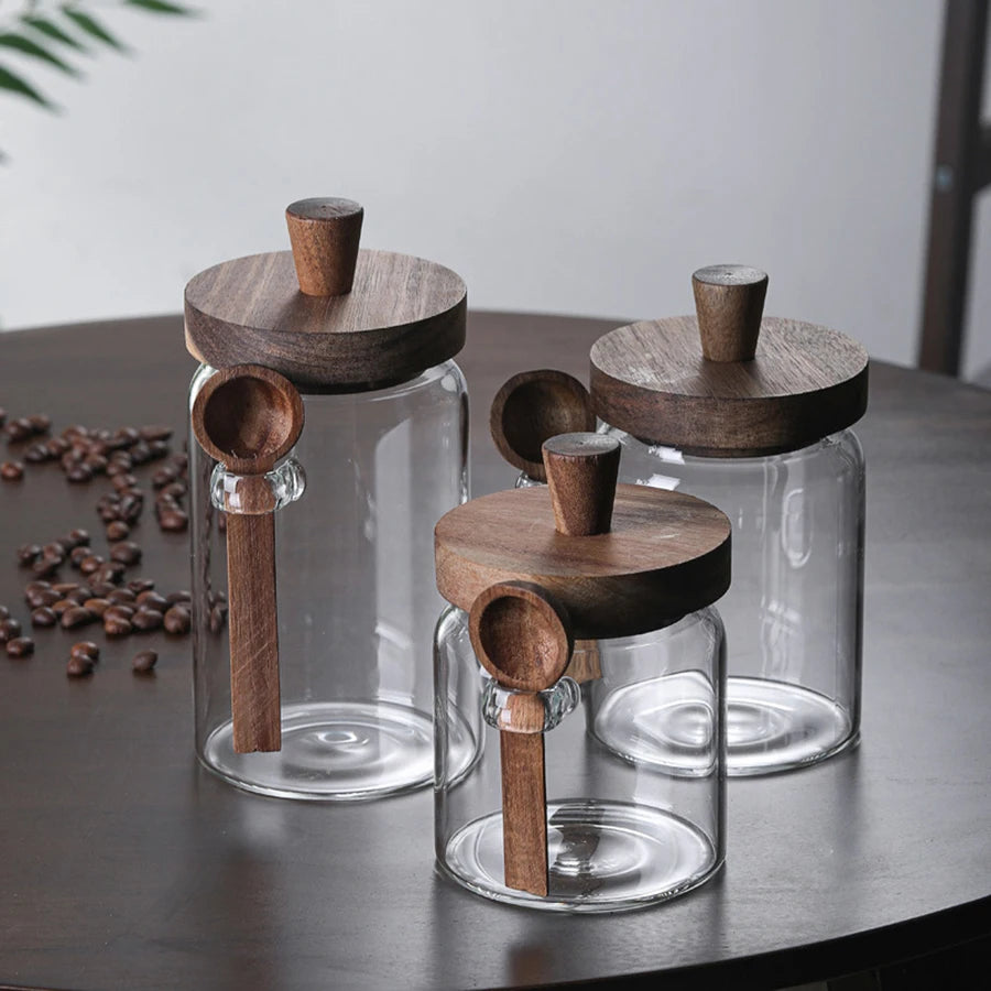 Glass Food Storage Containers with Wooden Lids and Scoop Glass Sealed Jar Airtight Food Storage Jar for Sugar Coffee Bean Candy