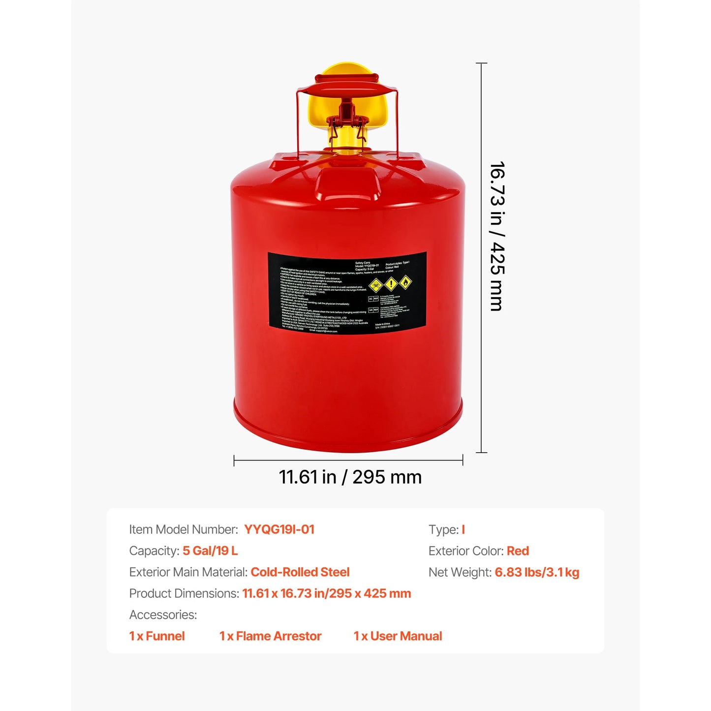 SucceBuy Safety Gas Can 2.5/5 Gallon Type I Safety Can with Stainless Steel Self-Closing Lid and PE Funnel with Ergonomic Handle