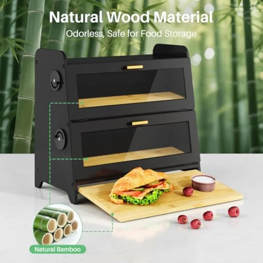 Bread Box - Kitchen Countertop Bread Storage Container with Bamboo Cutting Board Adjustable Vent Hole Dials
