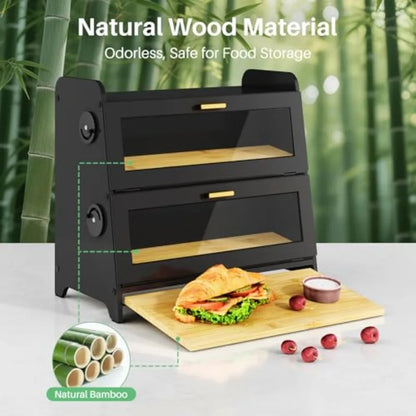 Bread Box - Kitchen Countertop Bread Storage Container with Bamboo Cutting Board Adjustable Vent Hole Dials