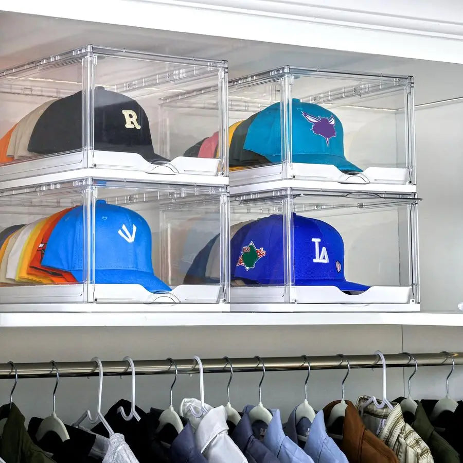 2 Pack Hat Organizer for Baseball Caps, Clear Hats Holder Box with Drawer, Large Cap Storage with Sliding Tray, Stackable Rack