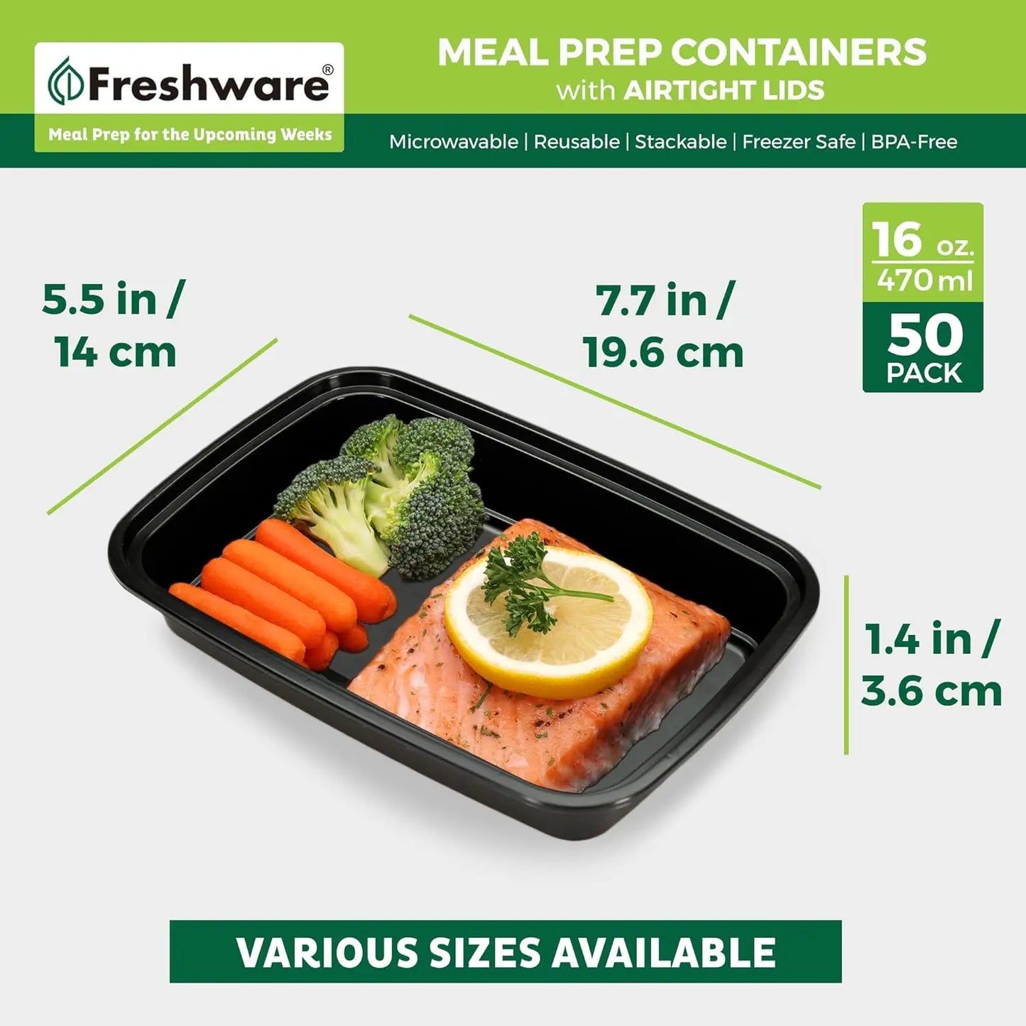 50 Pack BPA-Free Meal Prep Containers with Lids, Stackable, Microwave/Dishwasher/Freezer Safe (16 oz)