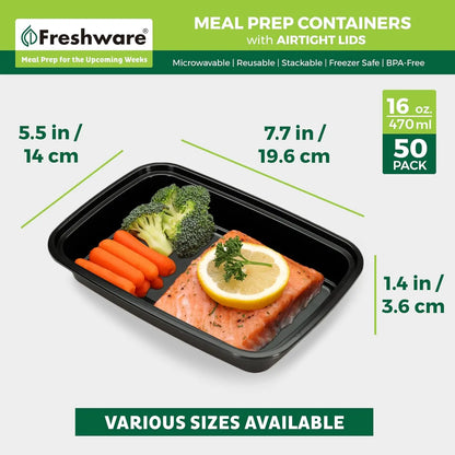 50 Pack BPA-Free Meal Prep Containers with Lids, Stackable, Microwave/Dishwasher/Freezer Safe (16 oz)