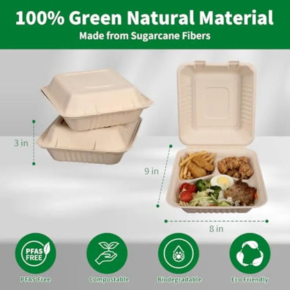 100 Pack 3 Compartment Compostable 8x9 Inch Takeout Lunch Box Containers with Lid for Food Storage and To Go Meals Eco-Friendly