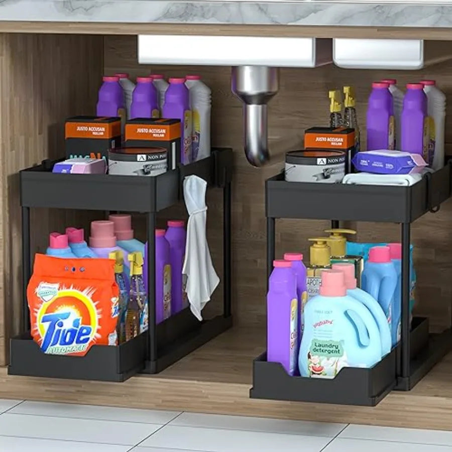 Under Sink Organizer 2 Pack, Bathroom Cabinet Organizer, 2 Tier Sliding Cabinet Basket Organizer Drawer, Multi-Purpose Bath Col
