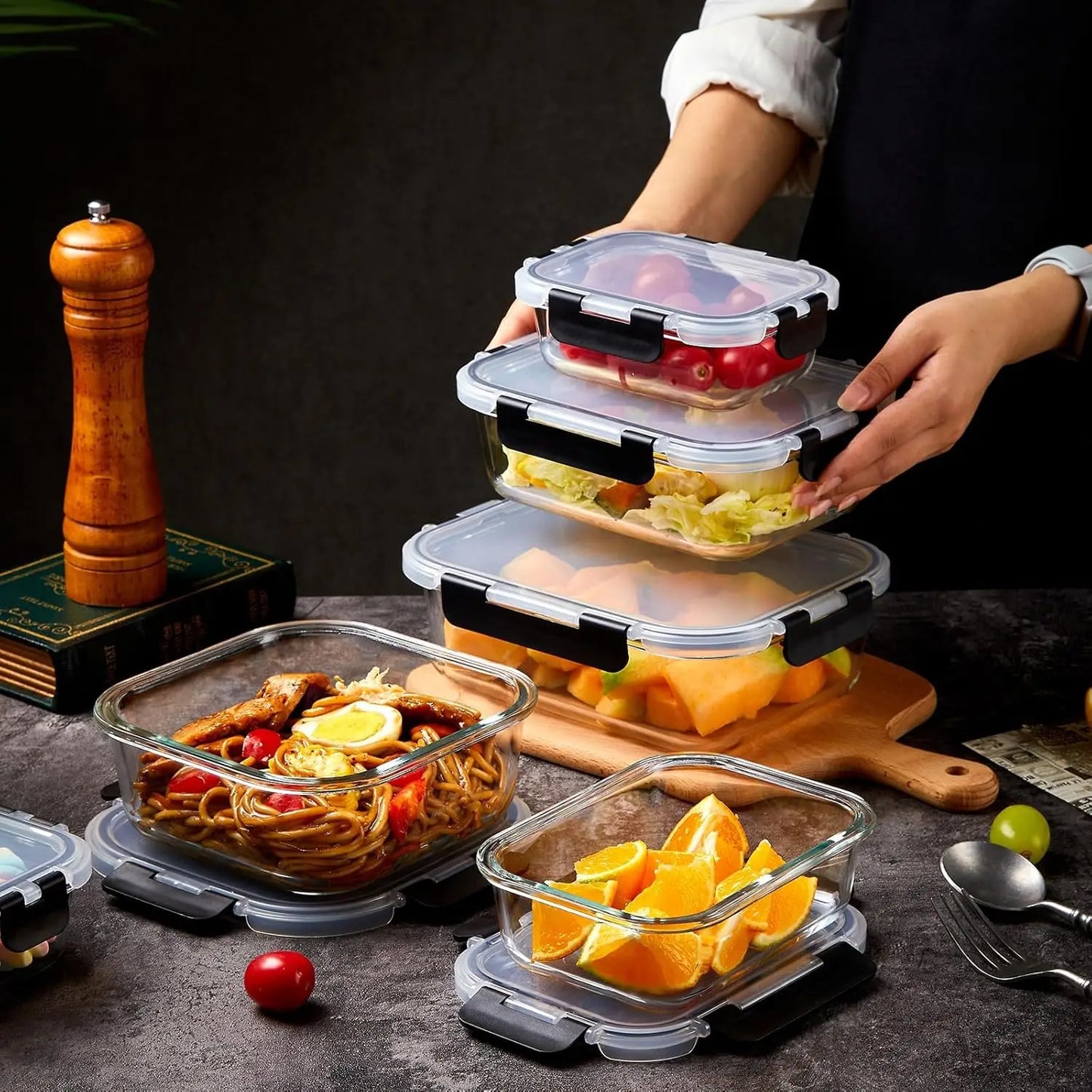 8-Pack Glass Meal Prep Containers with Lids, Airtight Food Storage Set (310ml-1510ml), Leakproof Lunch Boxes for Leftovers