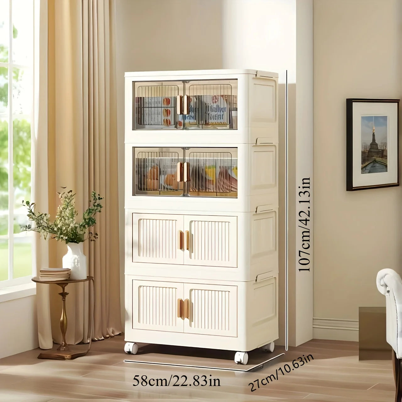 Oversized 3-5 Tier Foldable Storage Cabinet with Wheels, No Assembly Magnetic Doors Organizer for Living Room, Bedroom & Office