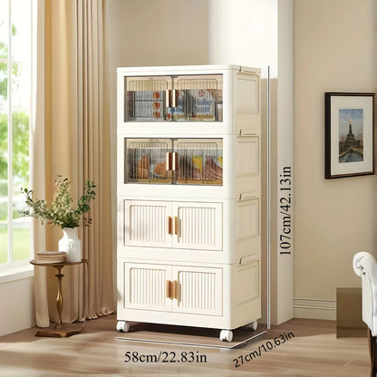 Oversized 3-5 Tier Foldable Storage Cabinet with Wheels, No Assembly Magnetic Doors Organizer for Living Room, Bedroom & Office