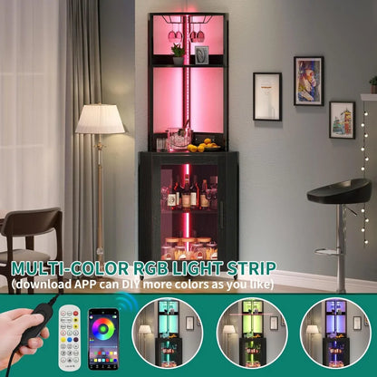 Corner Wine Cabinet with Power Outlets & LED Lights, Corner Bar Cabinet with Glass Holder, Liquor Bar Rack Cabinet for