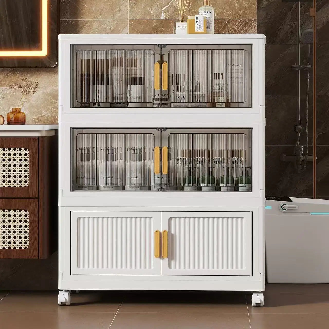 Oversized 3-5 Tier Foldable Storage Cabinet with Wheels, No Assembly Magnetic Doors Organizer for Living Room, Bedroom & Office