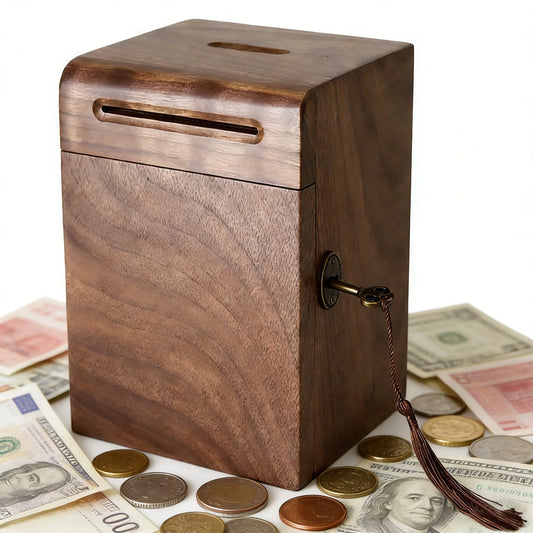 Wooden Piggy Bank with Key Fringe Lock Creative Bulk Coin Can Multi-Purpose Household Money Saving Box for Adults & Kids