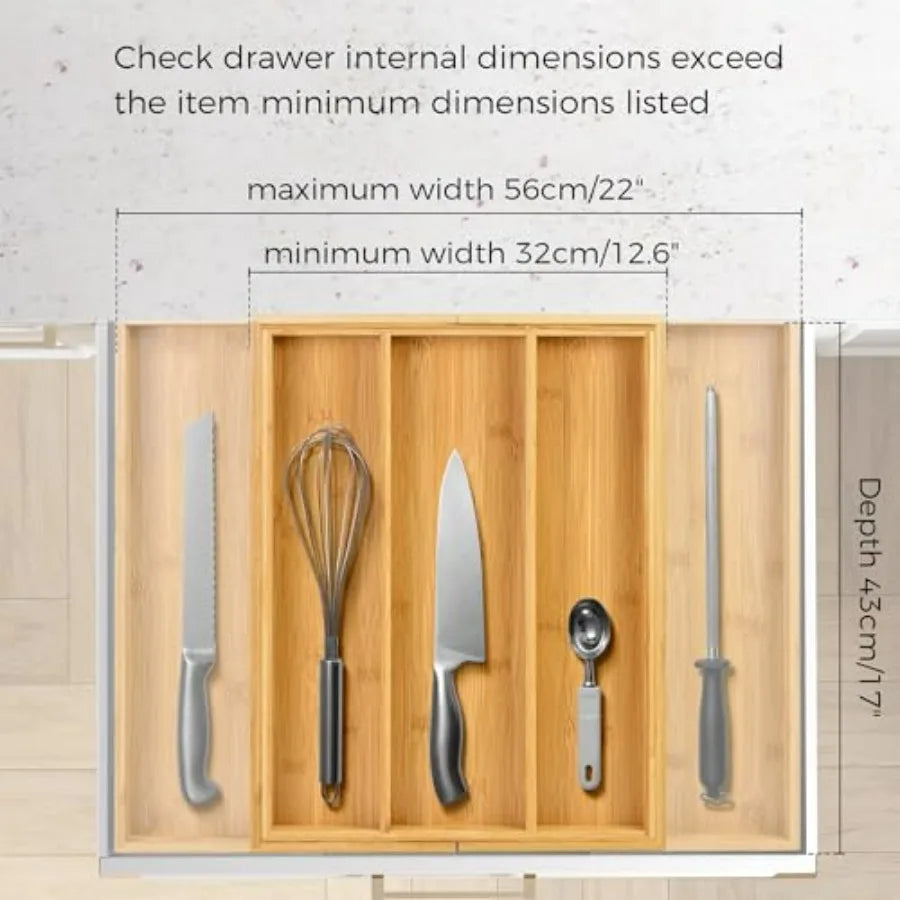 Bamboo Expandable Kitchen Drawer Organizer, Adjustable Utensil Holder and Cutlery Tray Organiser, Drawer Divider for Silverware