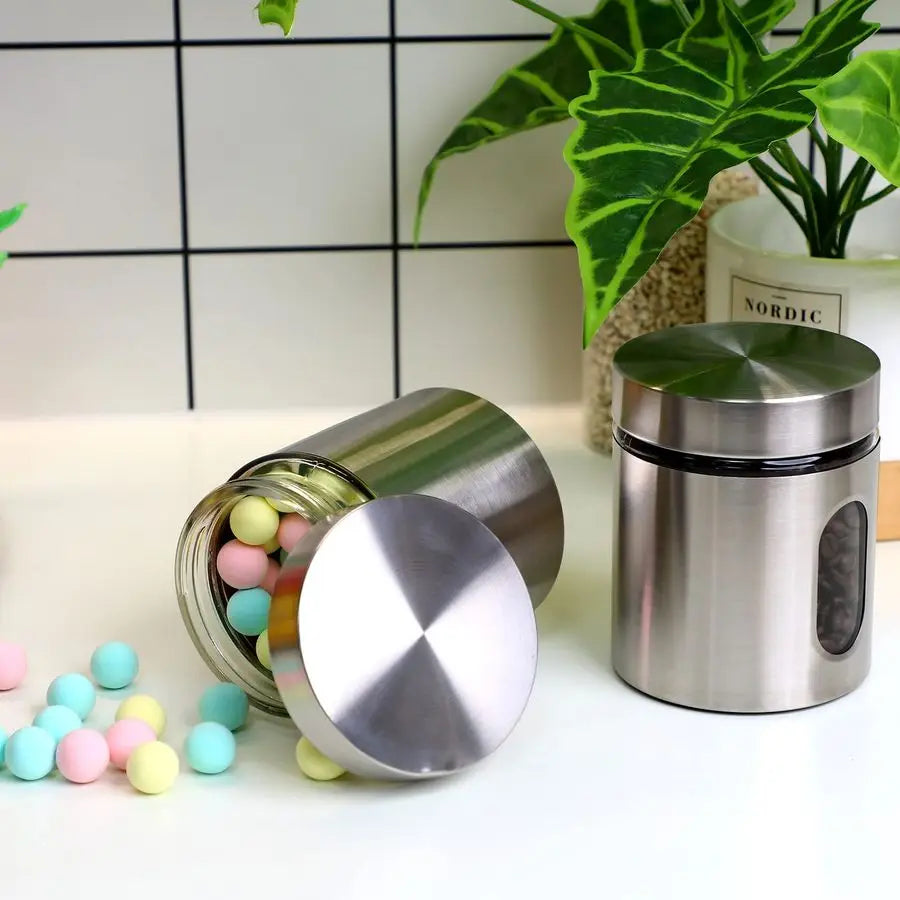 6 Pack Kitchen Canisters Set Airtight Coffee Sugar Tea Candy Storage Jars with Window Glass Stainless Steel Containers with Lids