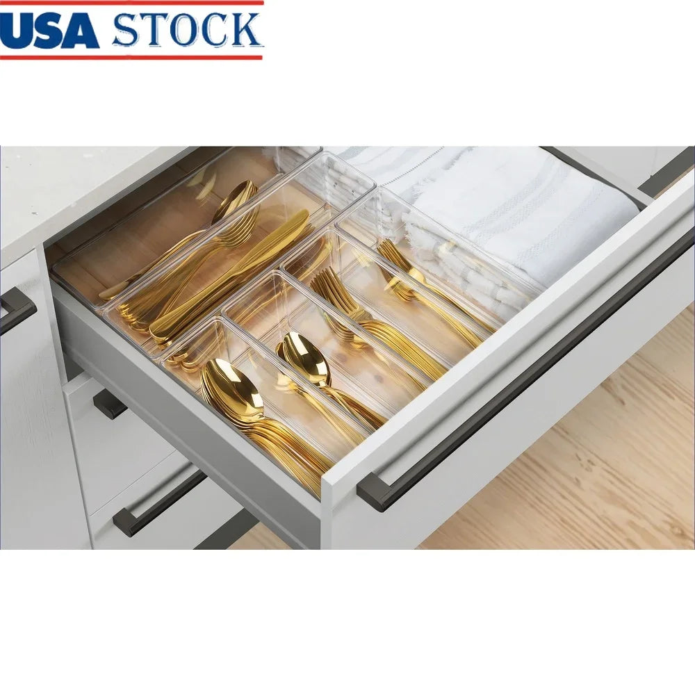6 Piece Kitchen Drawer Organizer Set Modular Storage Bins BPA Free Clear Plastic Utensil Organization Solution