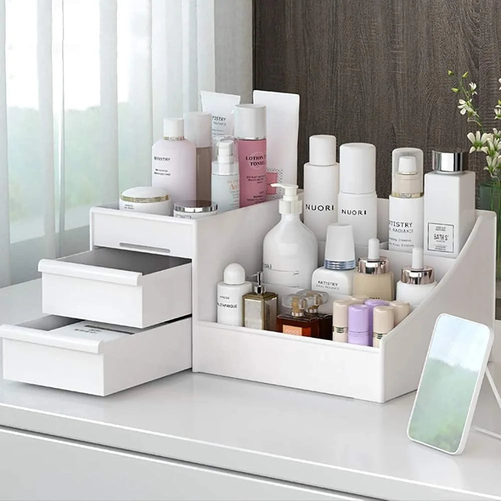 Large White Cosmetic Storage Box: Multi-Compartment Organizer for Makeup, Skincare, Jewelry, Brushes & Nail Polish