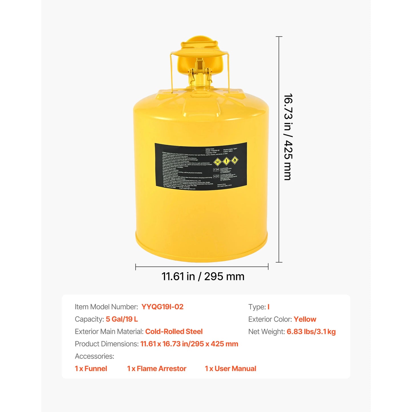 SucceBuy Safety Can 5 Gal Type I Yellow Safety Can for Diesel with Self-Closing Lid and PE Funnel Storage