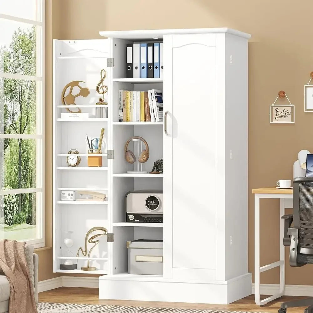 White Freestanding Kitchen Pantry Cabinet with Adjustable Shelves for Dining and Living Rooms