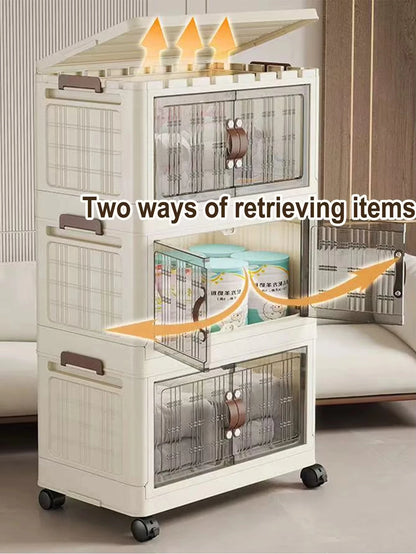 Stackable Plastic Storage Cabinet - Large Capacity with Doors & Wheels, Easy to Assemble, Closed Durable Design, for Bedroom