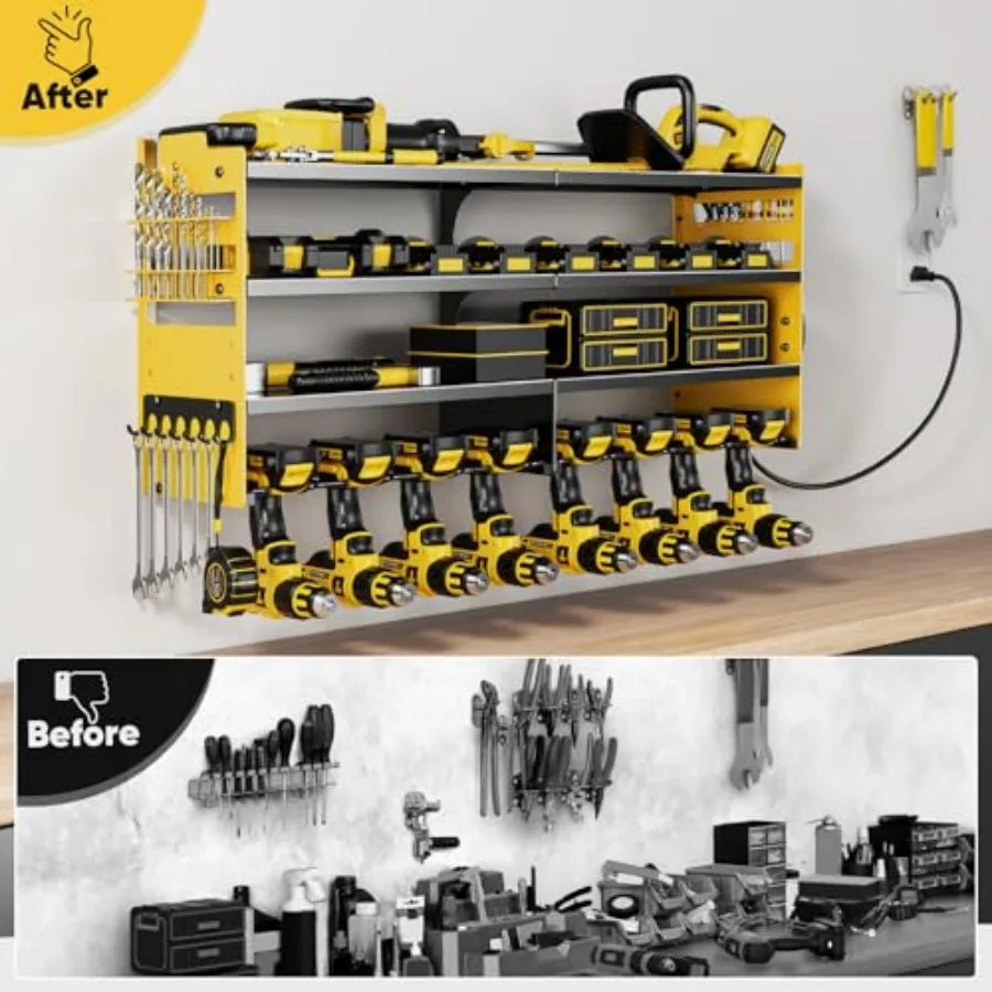 Tool Organizer Wall Mount Charging, 4 Layer Heavy Duty Metal Storage Rack Loads 600lbs with 8 Cordless Drill Holder, Battery Ut