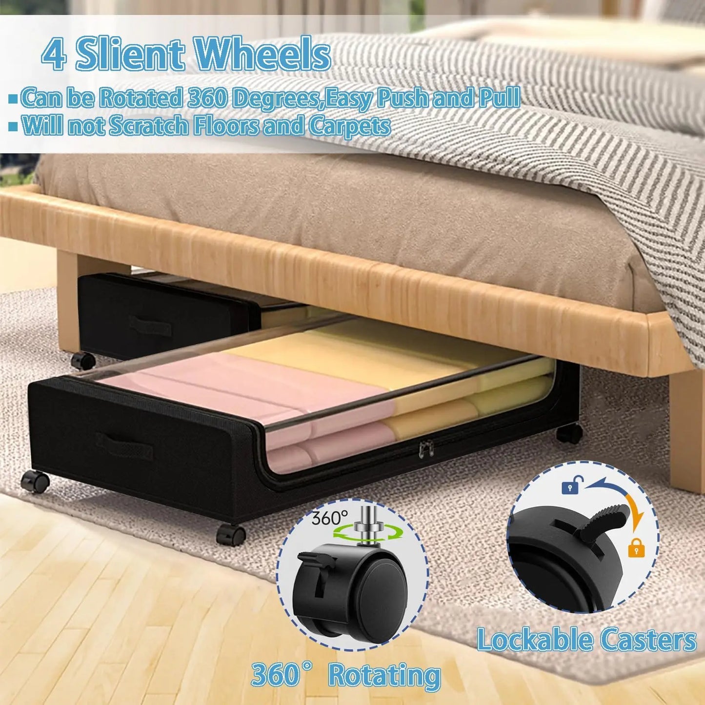 Under Bed Storage With Wheels, 2-Pack 48L Clear Lids & Label,