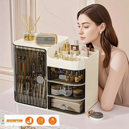 Beige Cosmetic Storage Box with 3 Drawers and Mirror High Capacity Makeup Organizer for Home and Bathroom