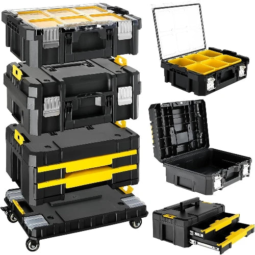Stackable 3 Tier Rolling Tool Box with Wheels, Modular Drawer Tool Organizer, Portable Storage for Garage, Home Repair, Workshop