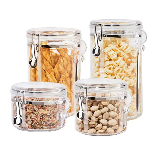 4pc Clear Canister Set with Clamp Lids and Spoons Airtight Food Storage Containers, Ideal for Kitchen and Pantry Storage