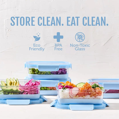 10-Piece Glass Meal Prep Containers with Silicone Boot & Airtight Lids, Dishwasher/Microwave/Freezer Safe, Halogen Blue