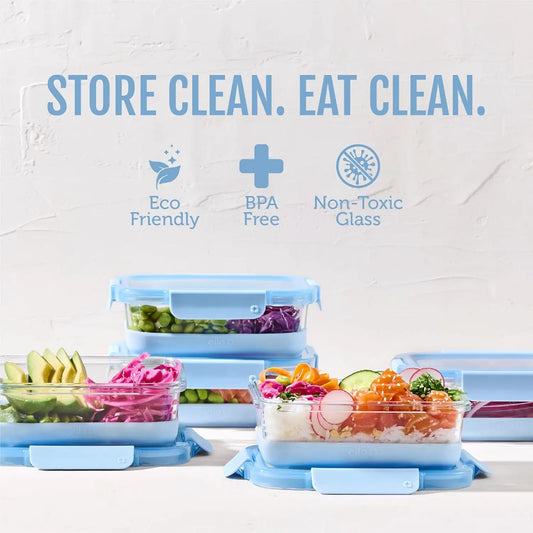 10-Piece Glass Meal Prep Containers with Silicone Boot & Airtight Lids, Dishwasher/Microwave/Freezer Safe, Halogen Blue