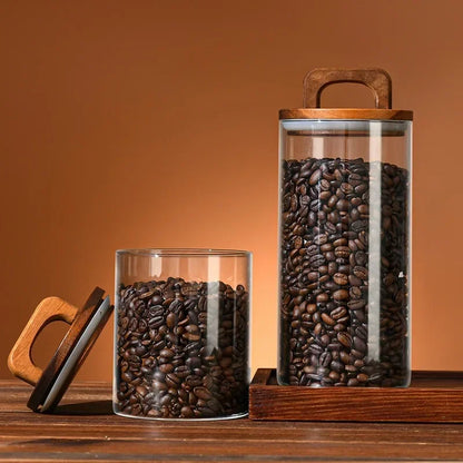 Clear Glass Jar with Bamboo Lid Airtight Canister Food Storage Container for Loose Tea Coffee Bean Sugar Salt Kitchen Organizer