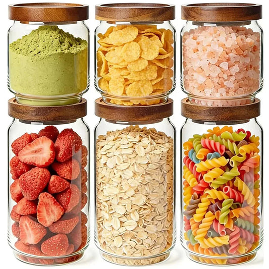 6PCS Glass Pantry Storage Container with Acacia Wood Lid,Airtight Glass Canister with Stacked Design for Orderly Organizing