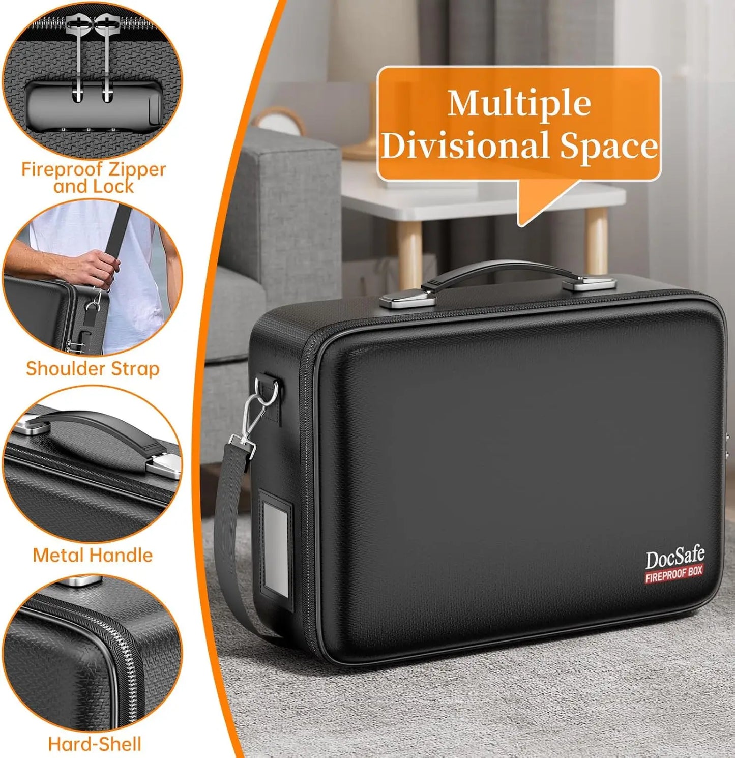 Fireproof Document Box with Lock, Water Resistant Hard Case for Important Files, Laptop Storage in Home Office Travel