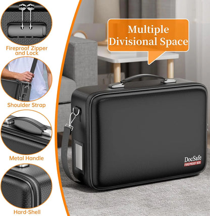 Fireproof Document Box with Lock, Water Resistant Hard Case for Important Files, Laptop Storage in Home Office Travel