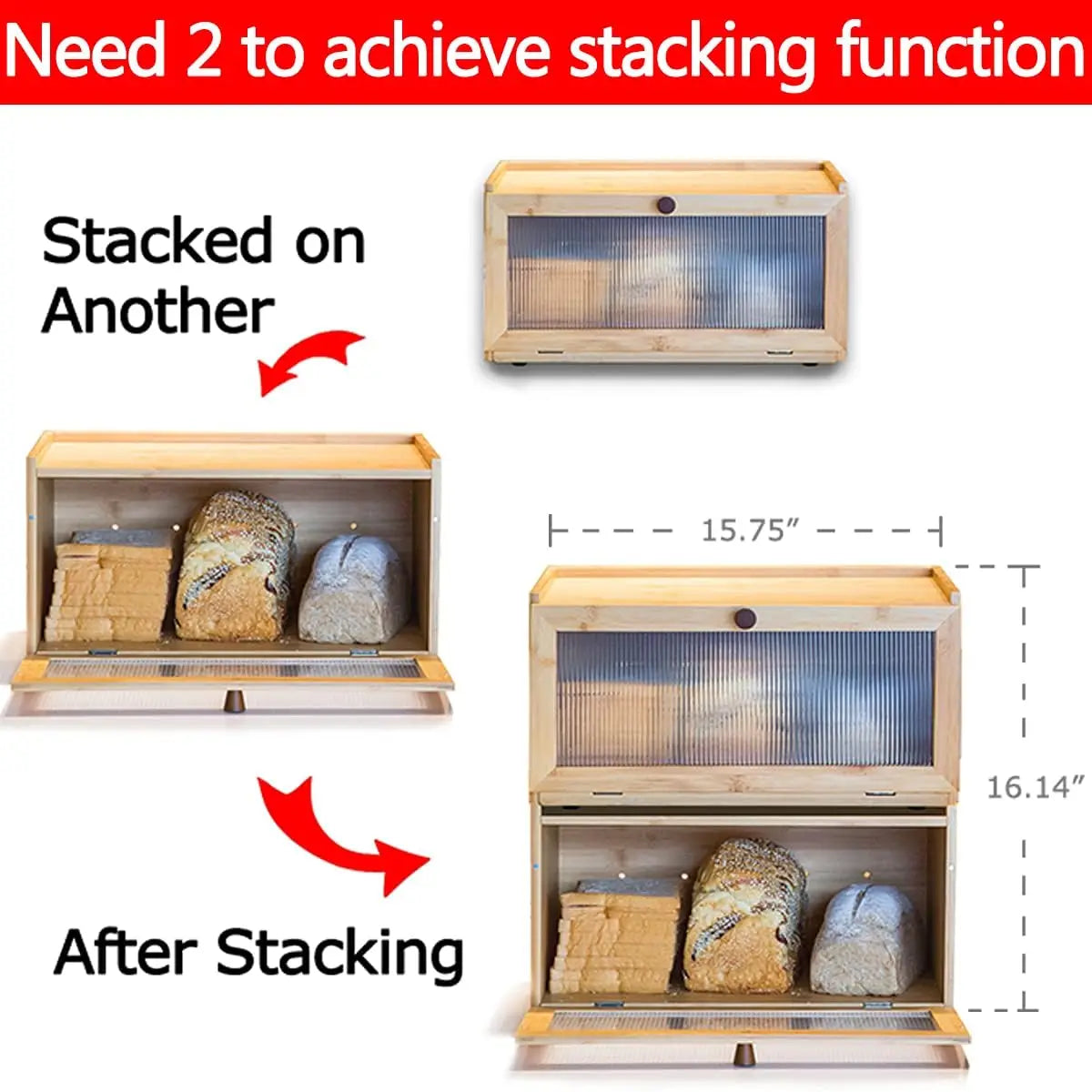 Large Bamboo Bread Box with Window, Farmhouse Style Kitchen Storage Container for Fresh Bread