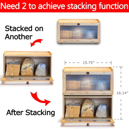 Large Bamboo Bread Box with Window, Farmhouse Style Kitchen Storage Container for Fresh Bread