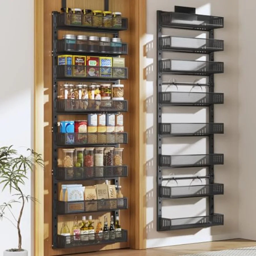 8-Tier Large Metal Heavy-Duty Over the Door Spice Rack 2-in-1 Wall-Mounted or Hanging Storage Organizer for Kitchen Bathroom La