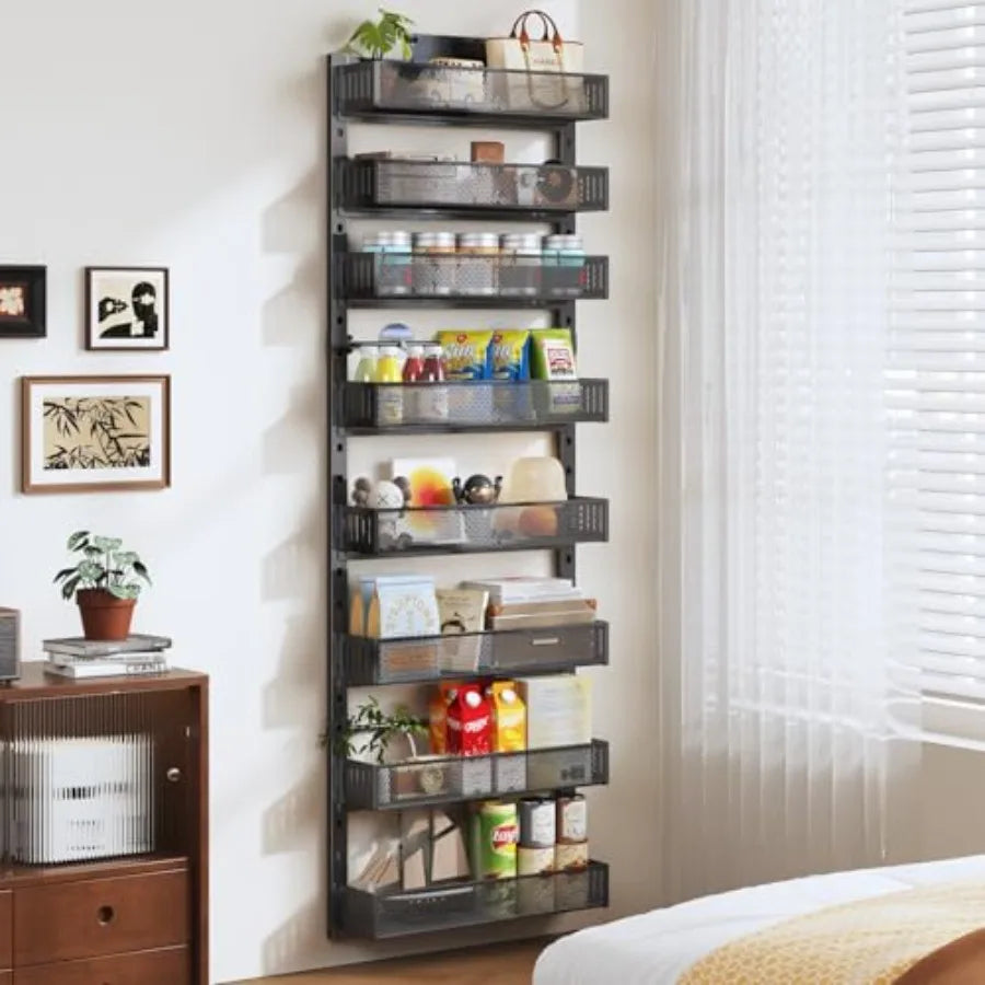 8-Tier Large Metal Heavy-Duty Over the Door Spice Rack 2-in-1 Wall-Mounted or Hanging Storage Organizer for Kitchen Bathroom La