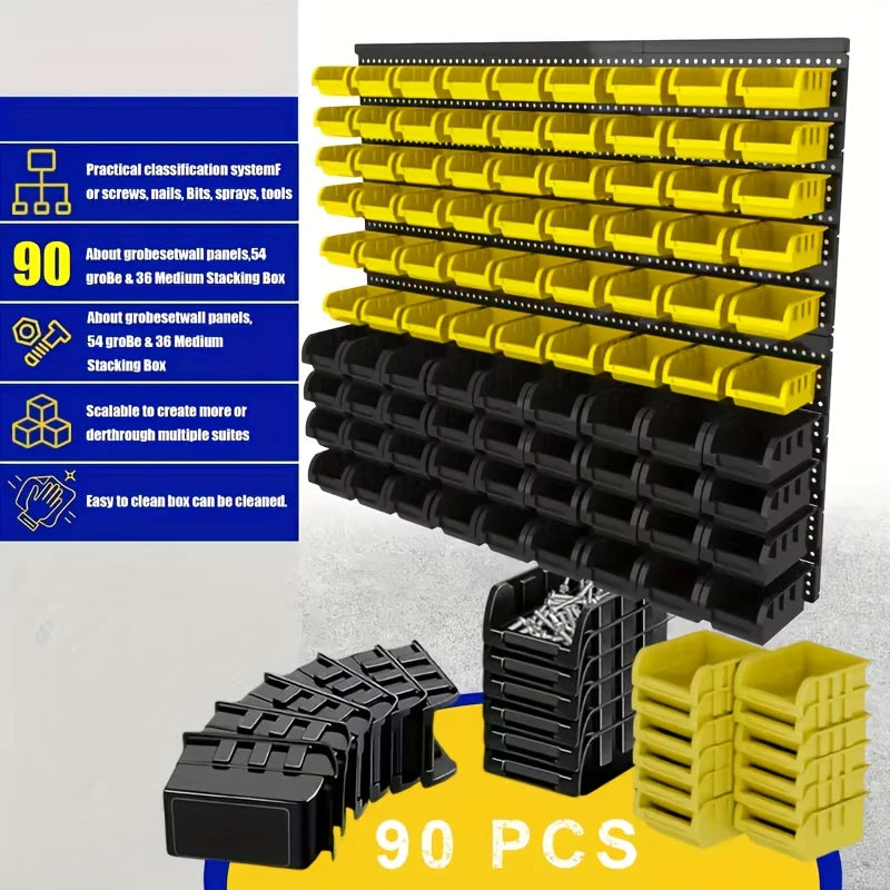 90pcs Adjustable Wall-Mount Plastic Storage Bins | Garage Tool Organizer | Organize Screws/Bolts/Nuts & Small Parts