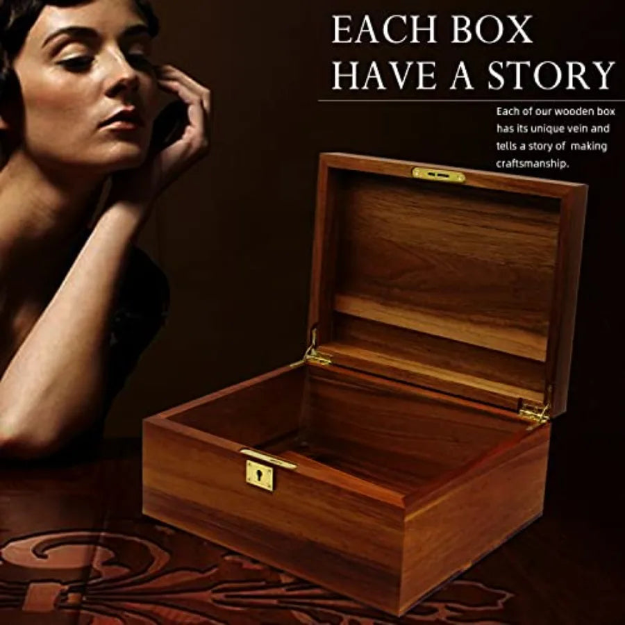 Wooden Storage Box with Hinged Lid and Locking Large Premium Solid Acacia Keepsake Chest Box -Storage Space to Organize Jewelry