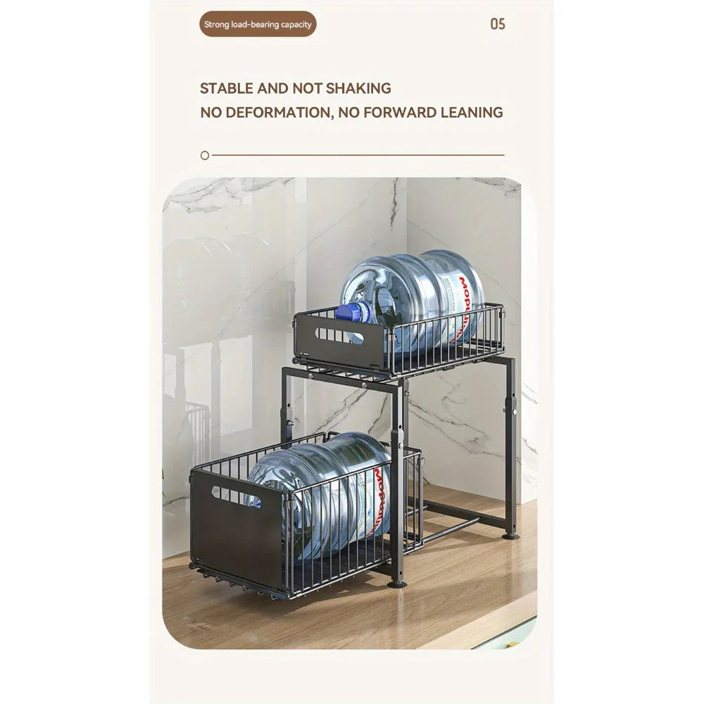 2-Tier Slide Out Under Sink Organizer - Heavy Duty Adjustable Metal Kitchen Bathroom Cabinet Storage Shelf, 1 or 2 Pack