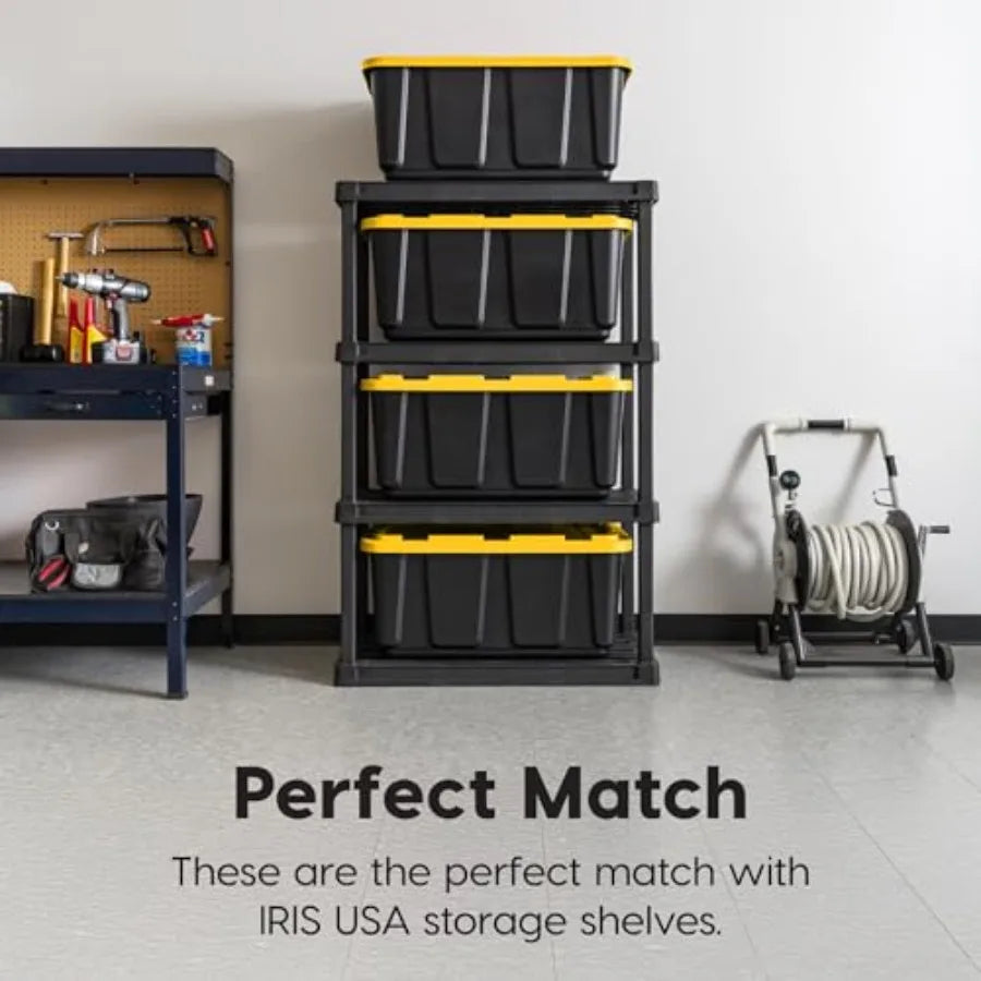 4-Pack 27 Gallon Storage Bins with Lids Made in USA Heavy Duty Plastic Tote Containers for Truckbed Tool Box Organization Large