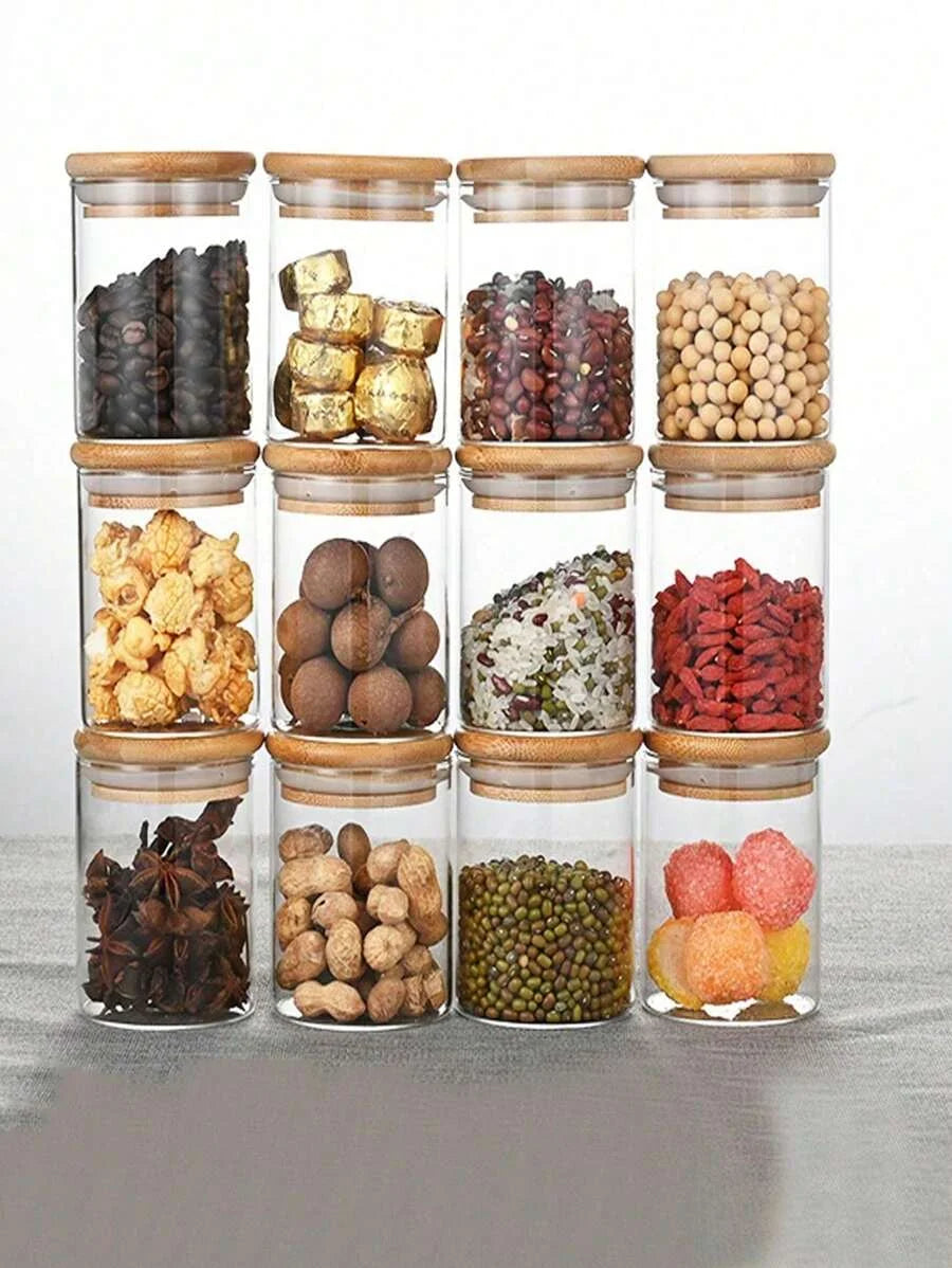 Bamboo Lid Glass Spice Jar Set Of 12,Candy,Storage,Kitchen Glass Sealed Can,Seasoning Container With Wooden Lid,Candy,Food Jar