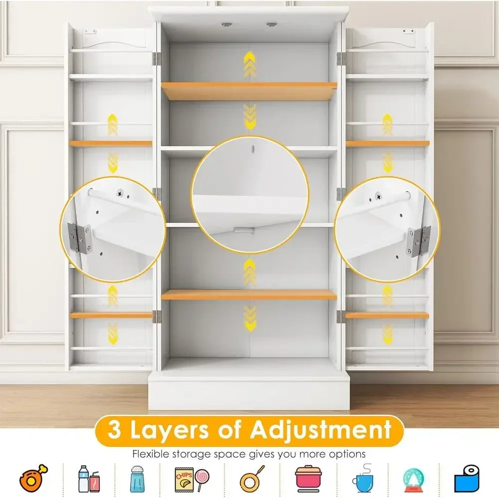 White Freestanding Kitchen Pantry Cabinet with Adjustable Shelves for Dining and Living Rooms
