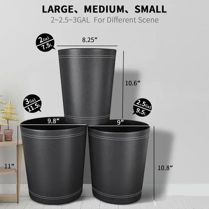 Pack Black Round PU Leather Wastebasket, Trash Basket, Garbage Can Container Bins for Bathrooms
